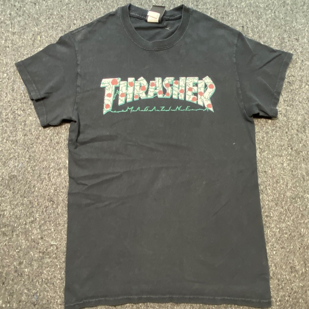 Thrasher Magazine T Shirt S Mens Black Rose Logo Skate Graphic Tee Short Sleeve